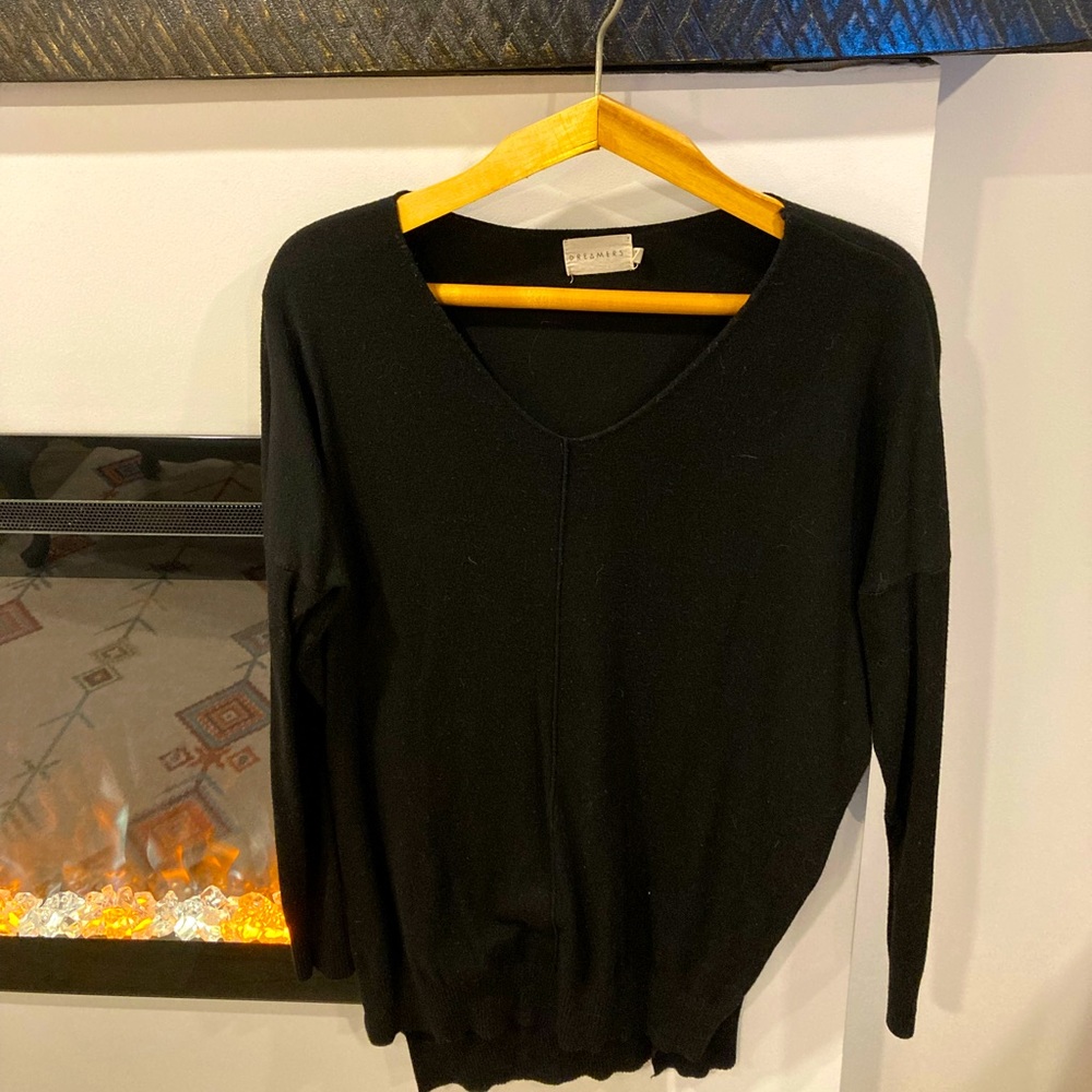 Long black V-neck sweater or dress, Size Small.